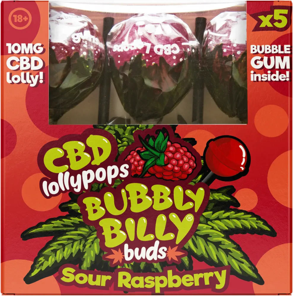 Bubbly Billy Buds CBD Lízátka Kyselé Maliny se žvýkačkou uvnitř - Dárková krabička (5 lízátek), 90 g