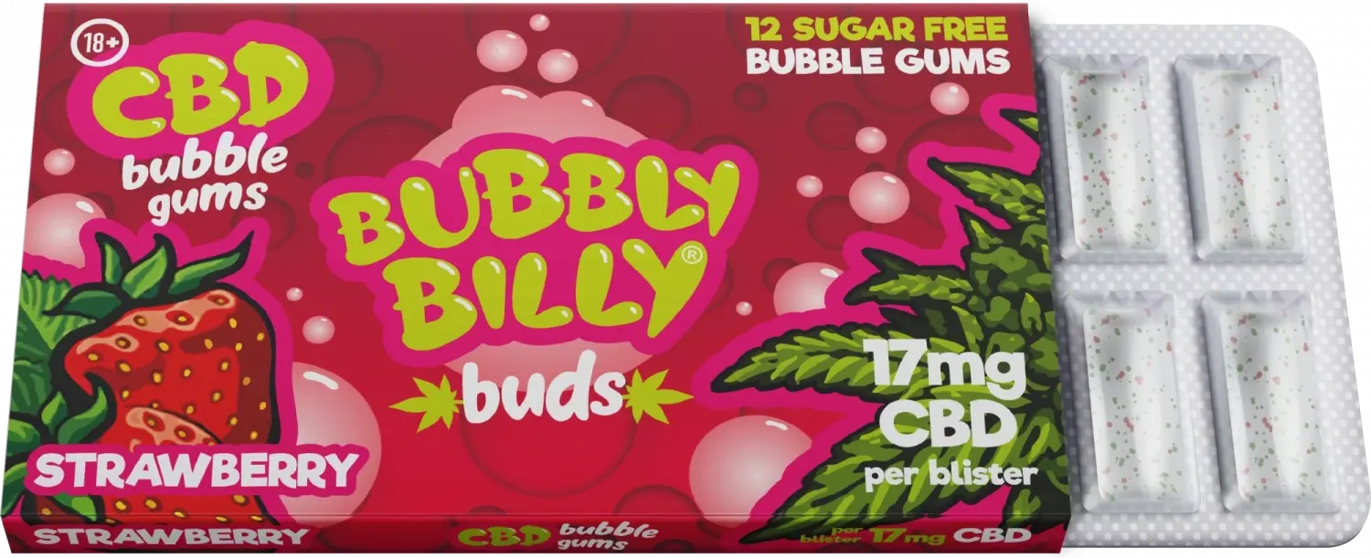 Bubbly Billy Buds CBD Konopné Jahodové žvýkačky ( 17 mg CBD ), 17 g