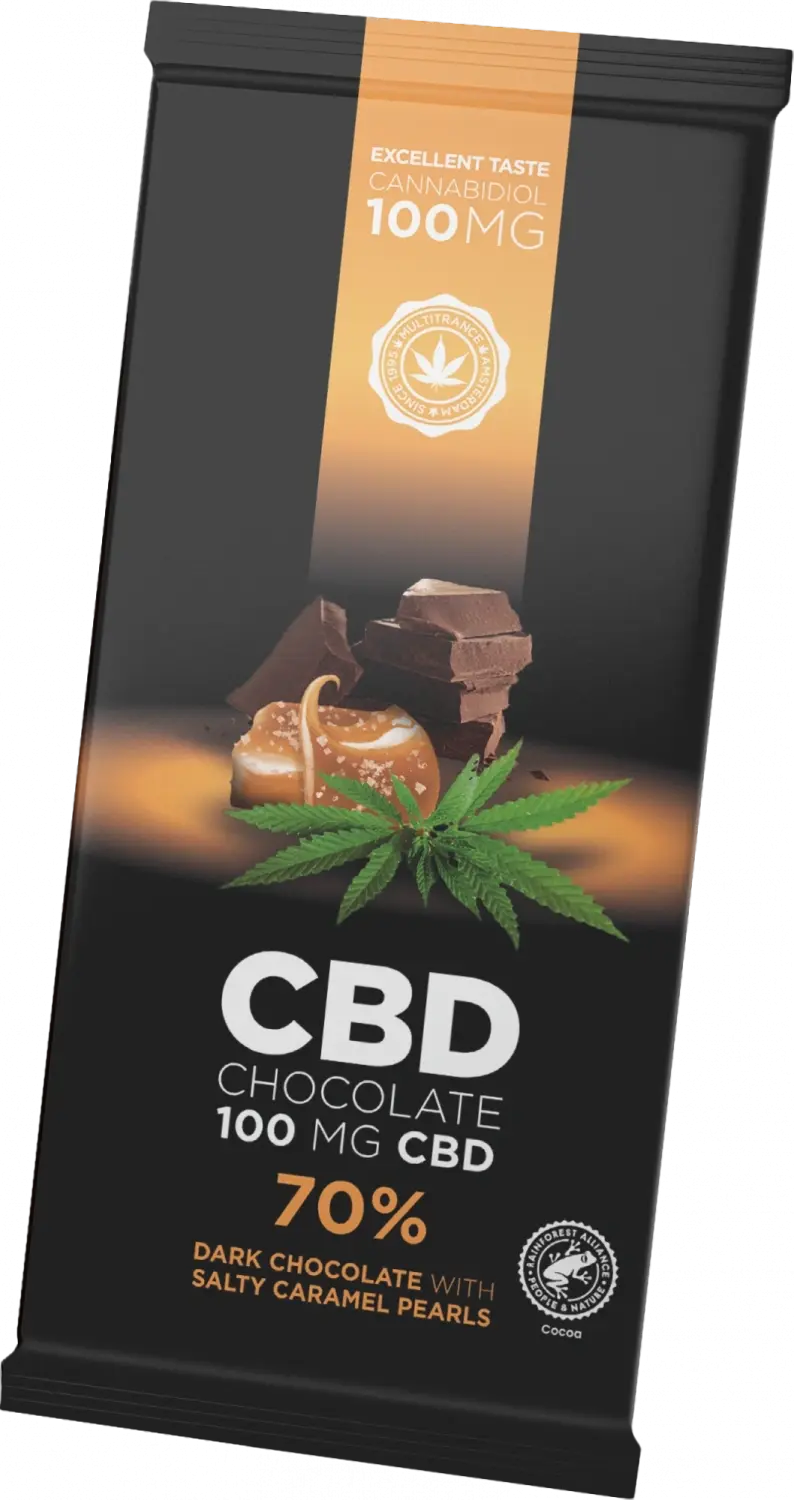 CBD Tmavá CBD čokoláda se slanými karamelovými perlami (100 mg CBD ), 100 g