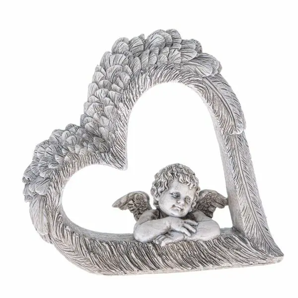 Dekorace srdce s andělem, šedá, polyresin, 14,5 x 13,5 x 4 cm