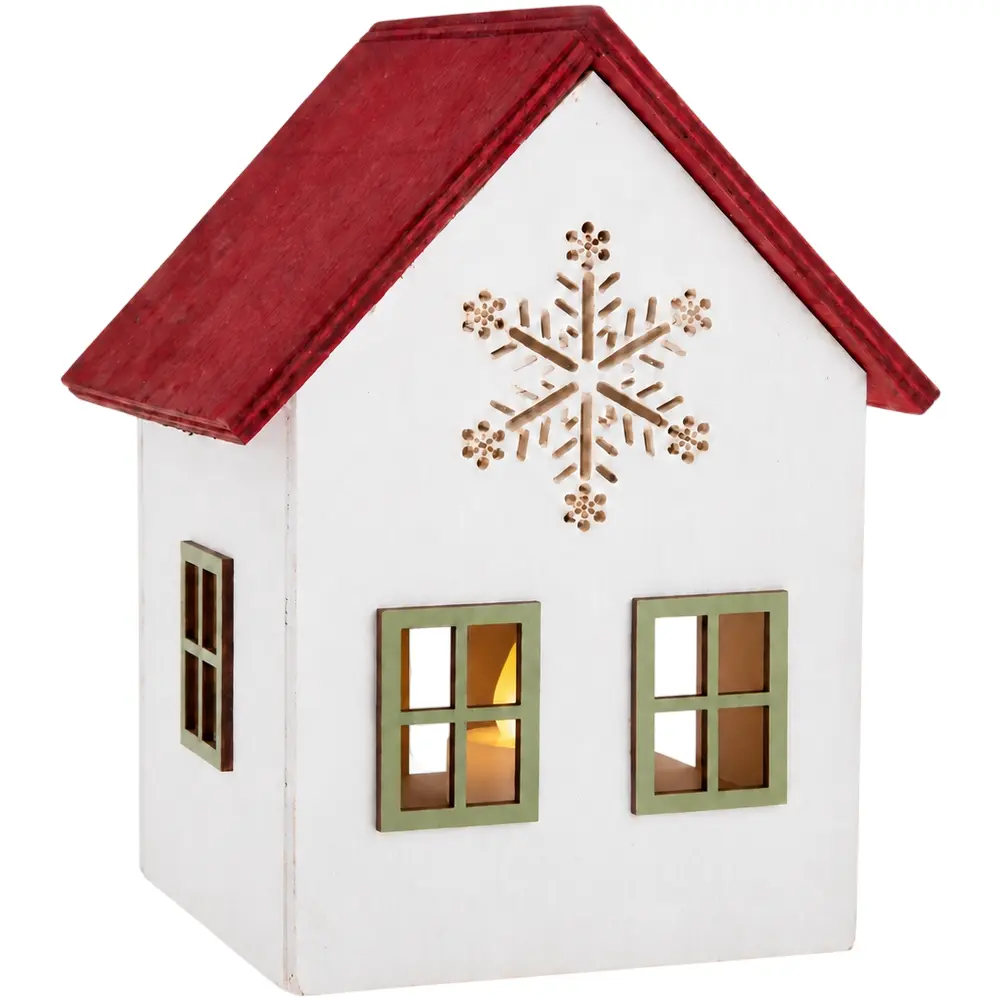 Dřevěný svícen Domek s vločkou LED, 15 cm, červená