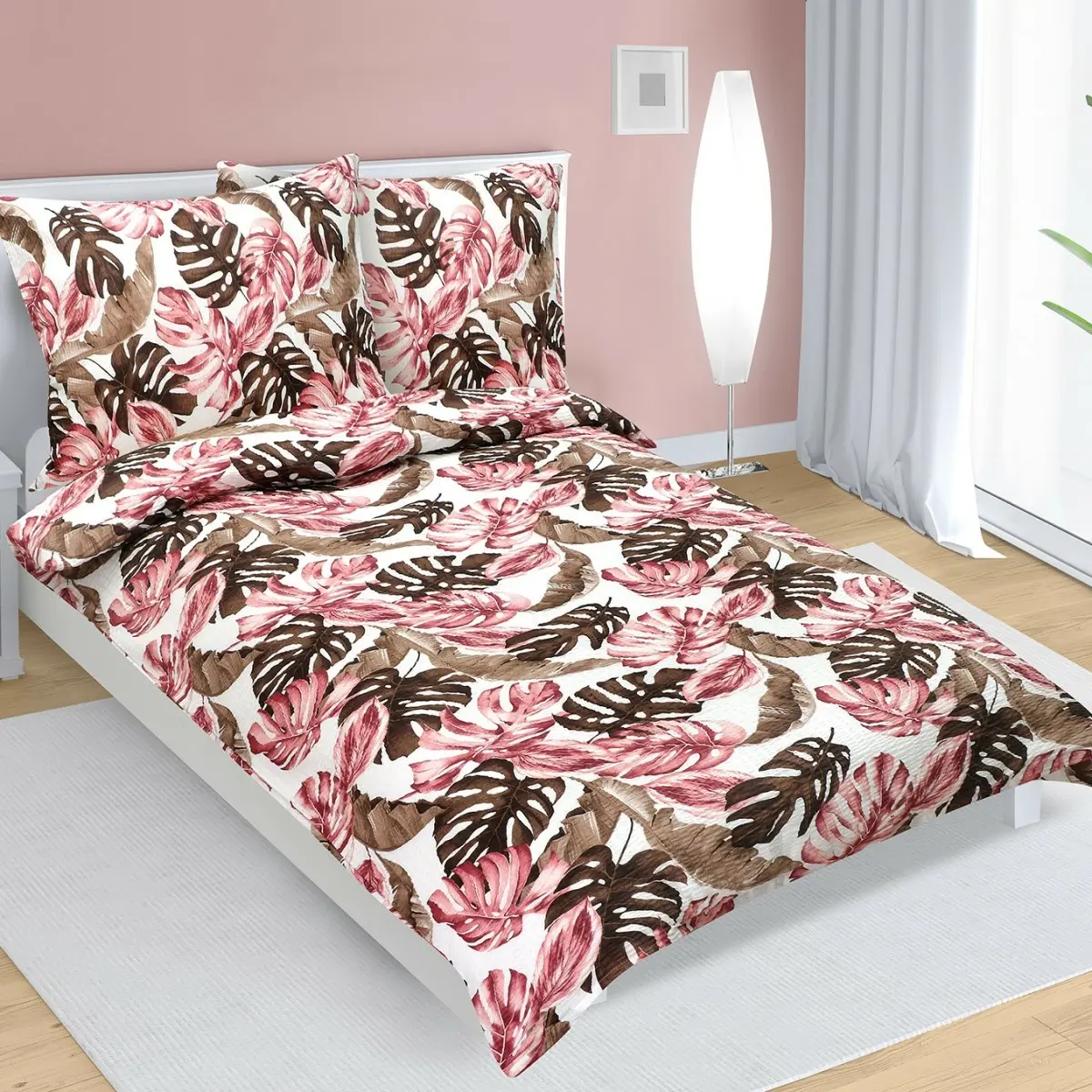 Bellatex Krepové povlečení Monstera růžová, 140 x 200 cm, 70 x 90 cm