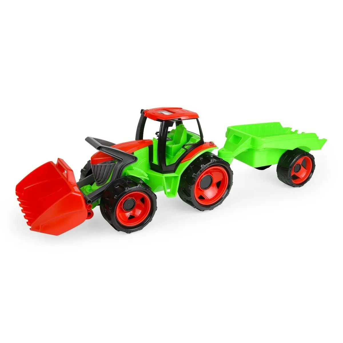 Traktor se lžící a s vozíkem, červeno zelený