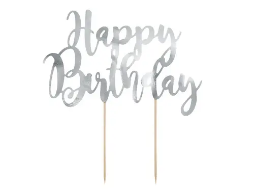 Dekorace na dort nápis Happy Birthday - stříbrné 22 cm