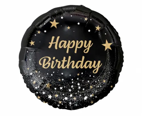 Foliový balonek kulatý černý Happy Birthday - hvězdy 45 cm