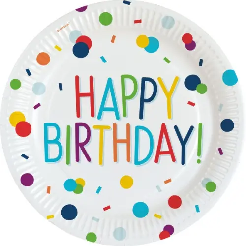 EKO Papírové talíře Rainbow Confetti - Happy Birthday 23 cm - 8 ks