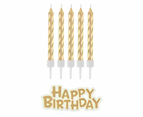 Dortové svíčky zlaté s držátky a nápis Happy Birthday 8 cm - 16 ks