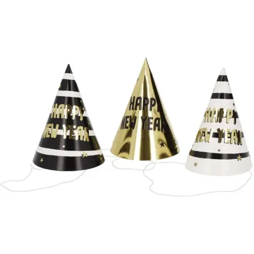 Papírové čepičky Happy New Year Black Gold - 6 ks