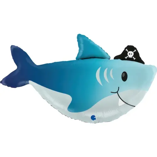 Foliový balonek Žralok modrý s pirátskou čepičkou, 74 cm