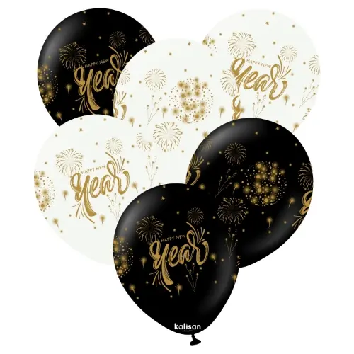Balonky Happy New Year s ohňostrojem – 30 cm, 25 ks