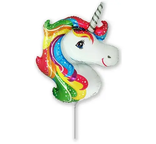 Mini balónek na tyčku duhový jednorožec - 35 cm