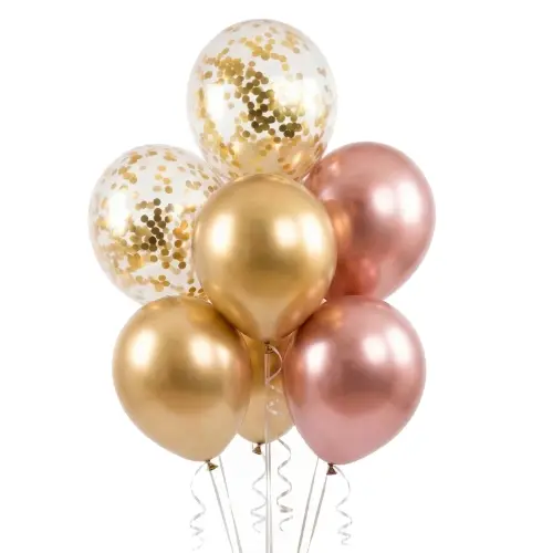 Balonkový buket rose gold a zlatý s konfetami – 7 ks