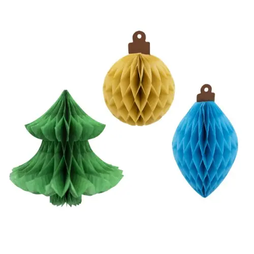 Vánoční honeycomb rozety stromeček s ozdobami 3 ks 12, 14 a 16 cm
