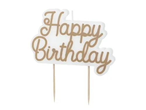 Svíčka na dort Happy Birthday zlatá, white gold, 7,5 x 10 cm