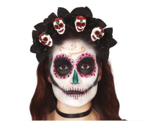 Čelenka s černými růžemi a lebkami – Día de los Muertos