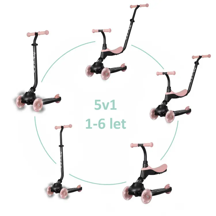 QPLAY Koloběžka / odrážedlo Sema Evo s LED světly Coral Pink, věk 1 - 6 let, do 50 kg