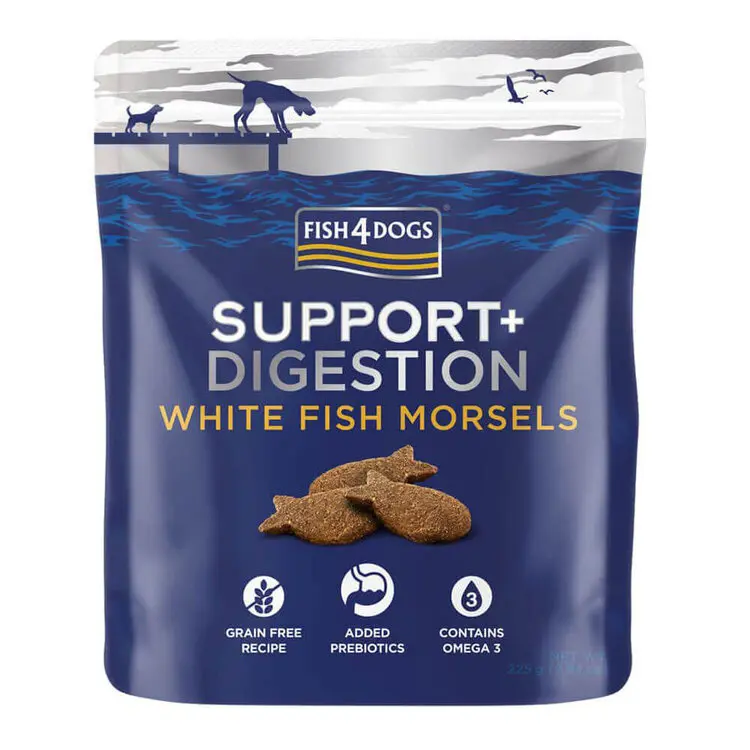 FISH4DOGS Pamlsky pro psy SUPPORT+ podpora trávení bílá ryba s prebiotiky 225 g