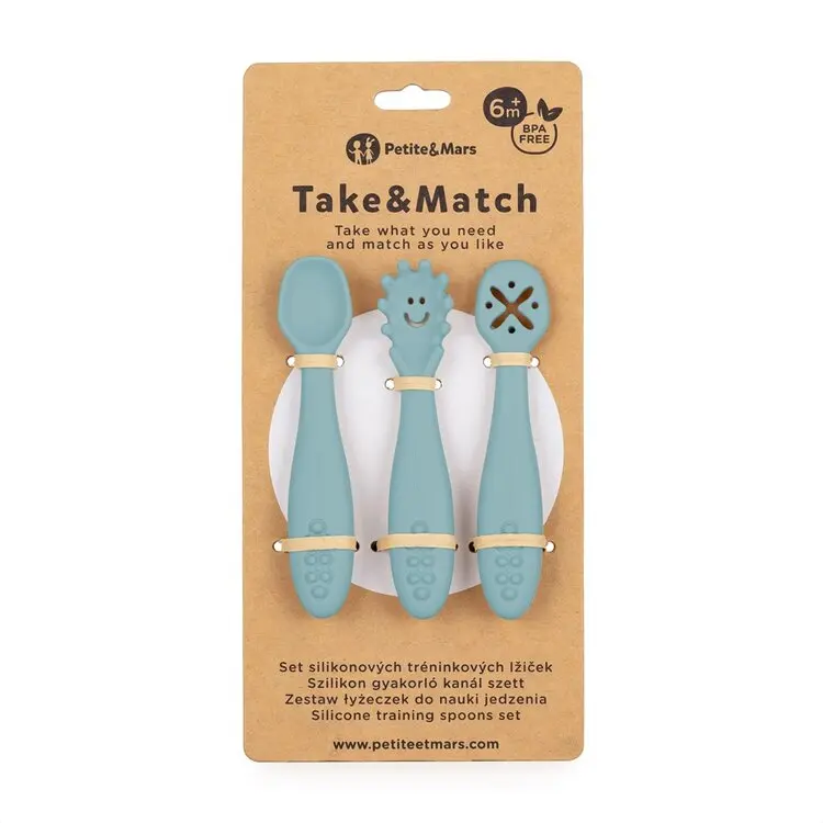 PETITE&MARS Set 3 ks silikonových tréninkových lžiček Take&Match Frosted Sky 6m+