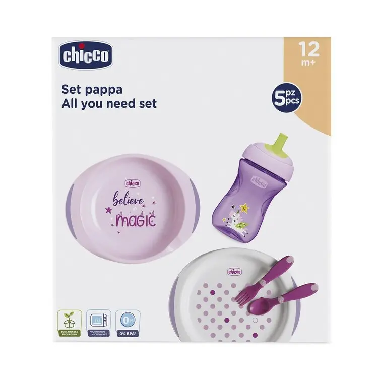 Jídelní set - talíře, příbory, sklenka, 12m + - růžový