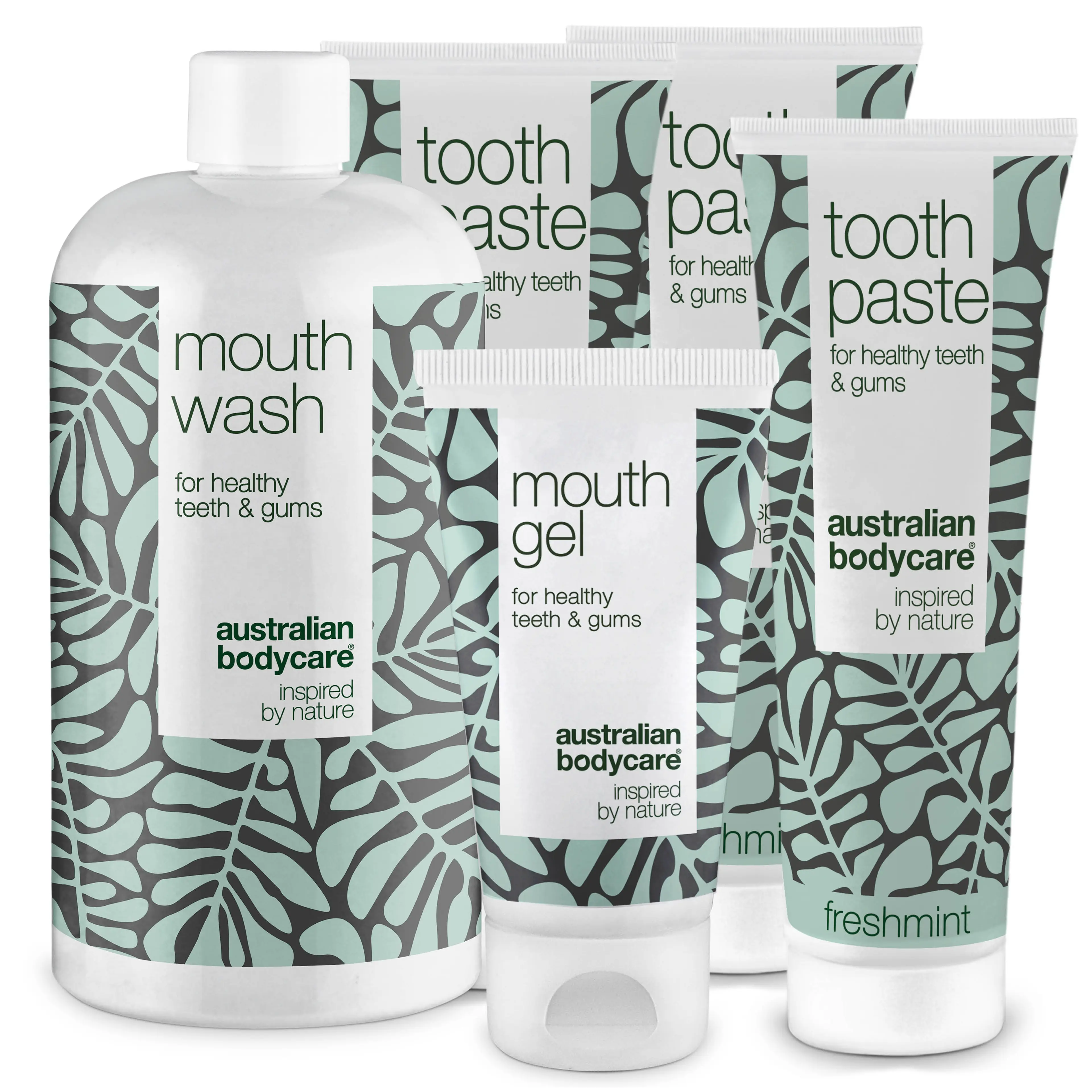Balení 5 produktů pro zdravé dásně, zuby a jazyk — Přípravky s Tea Tree Oil pro každodenní péči o dásně, zuby a jazyk