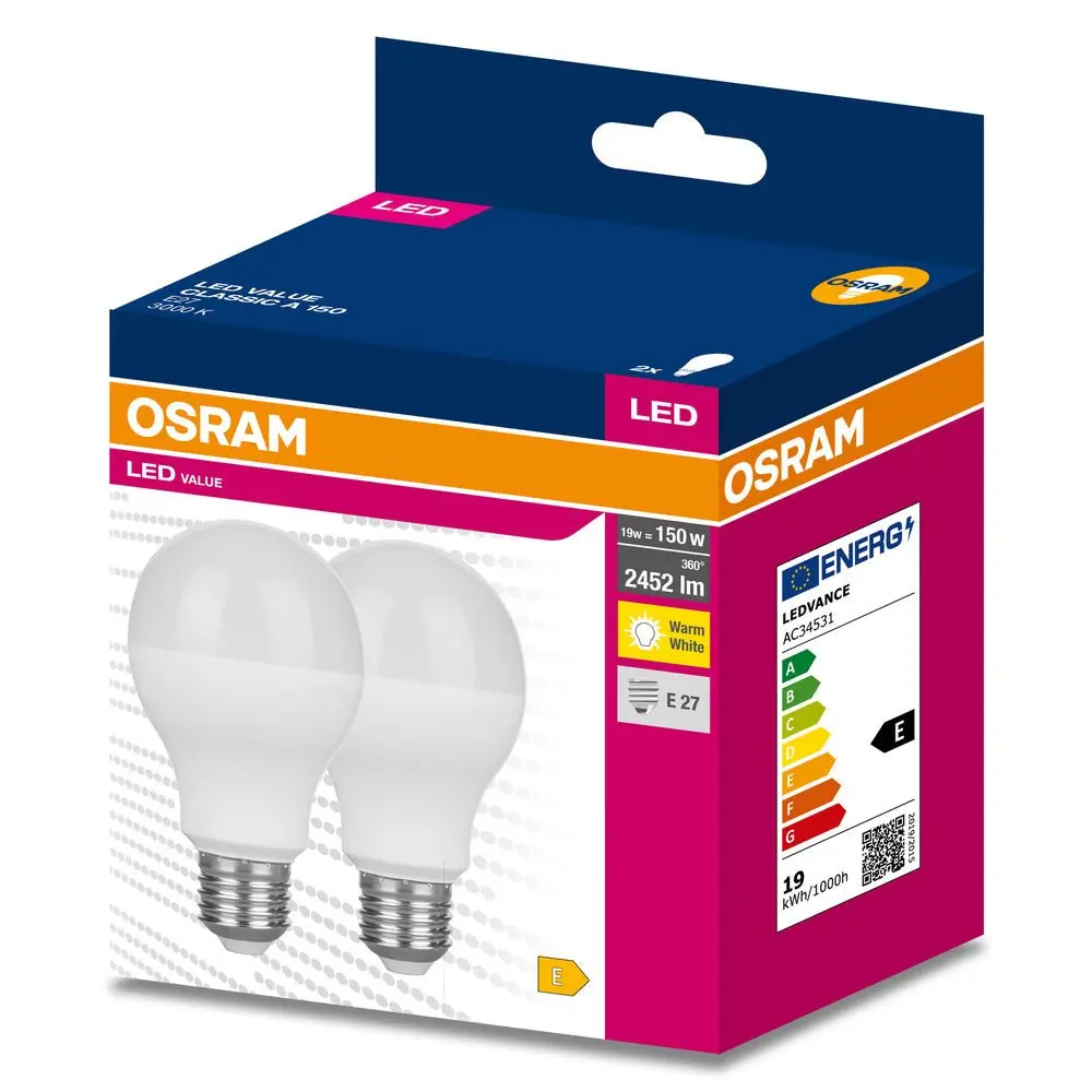 2 ks LED žárovka E27 3000 K CLASSIC A VALUE, teplá bílá