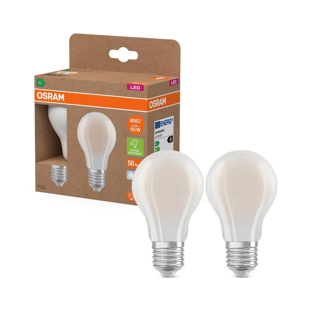 2x účinná LED žárovka matná E27 3.8W CLASSIC A60, studená bílá