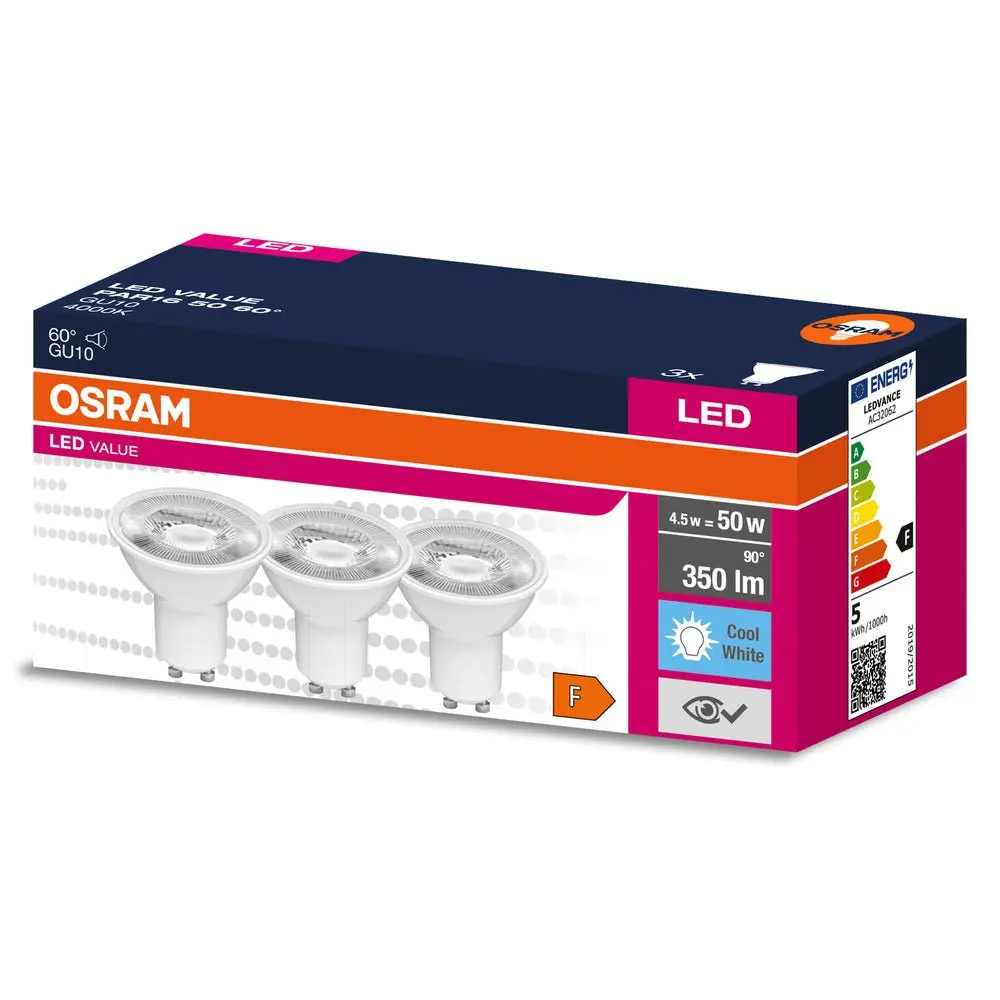 3 ks LED bodovka GU10 4.5 W 60° PAR16, studená bílá