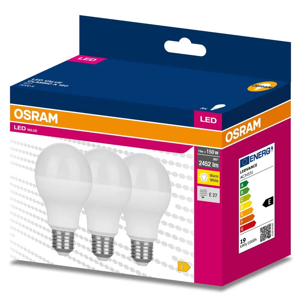 3 ks LED žárovka E27 19 W 3000 K CLASSIC A, teplá bílá
