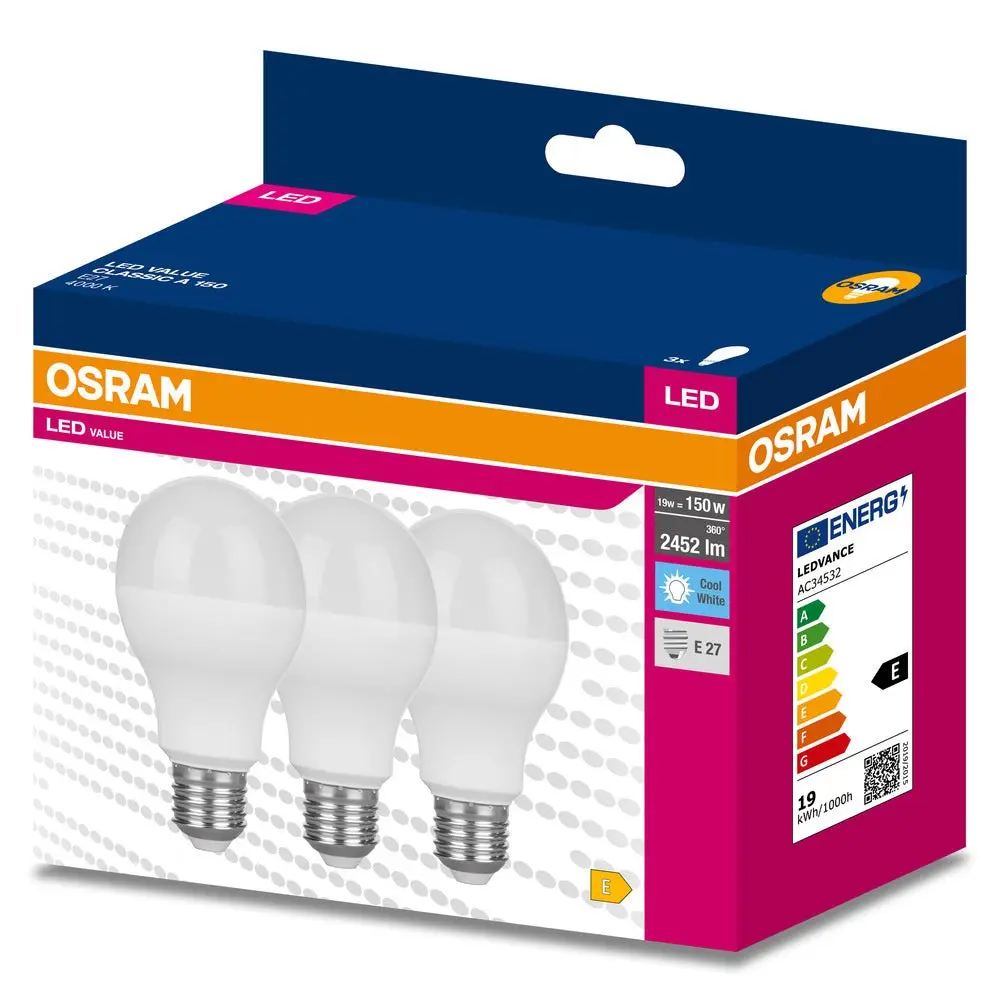 3 ks LED žárovka E27 19 W CLASSIC A, studená bílá