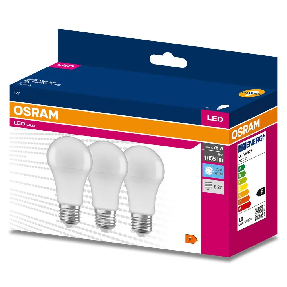 3 ks matná LED žárovka E27 10 W CLASSIC A, studená bílá