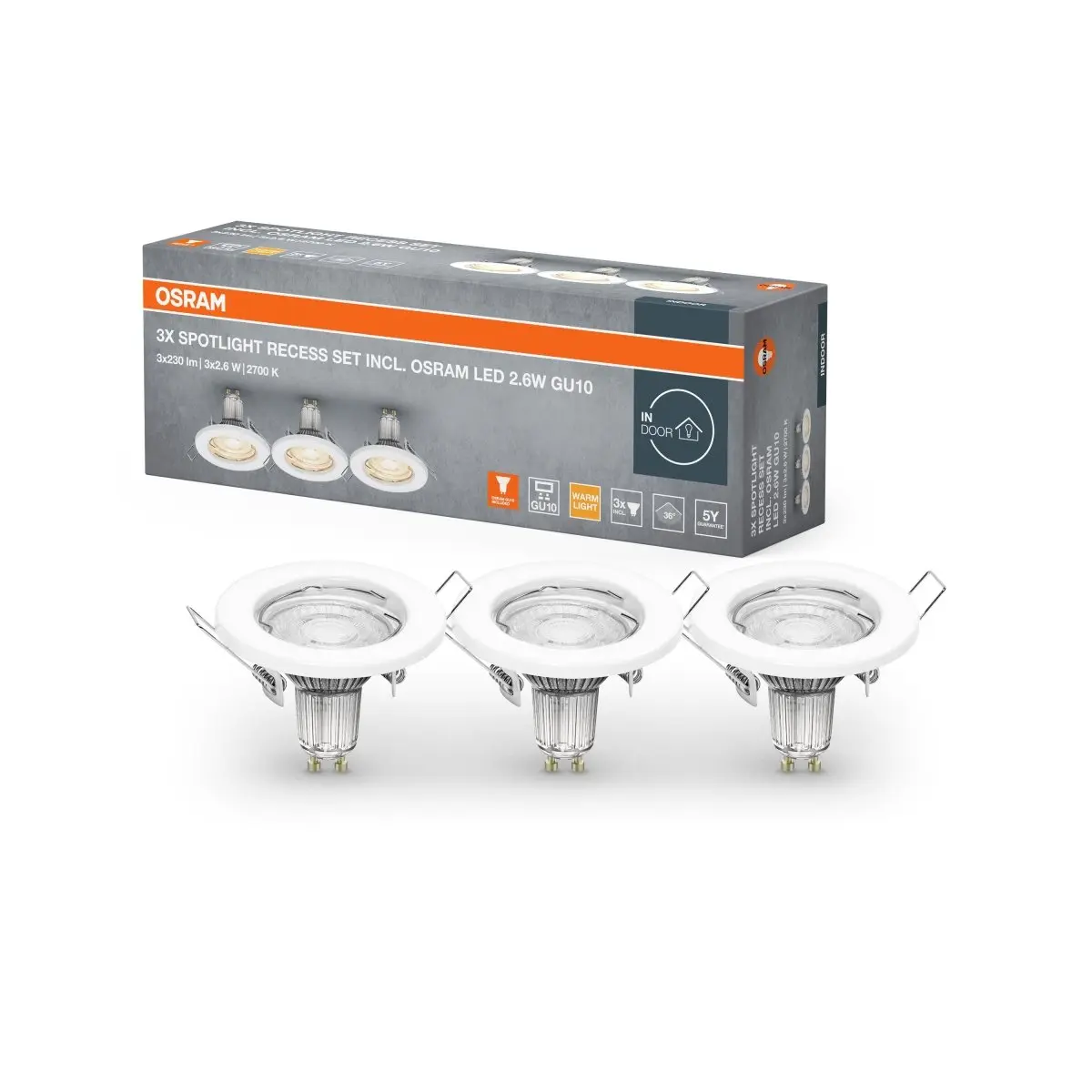 3ks elegantní bílé LED stropní bodovkyU10 2.6W, 2700K OSRAM