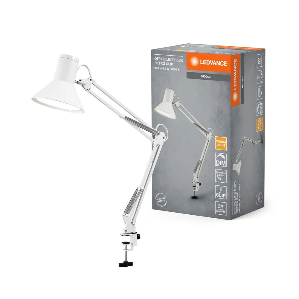 Bílá stolní lampa stmívatelná 9W RETRO CLIP, teplá bílá