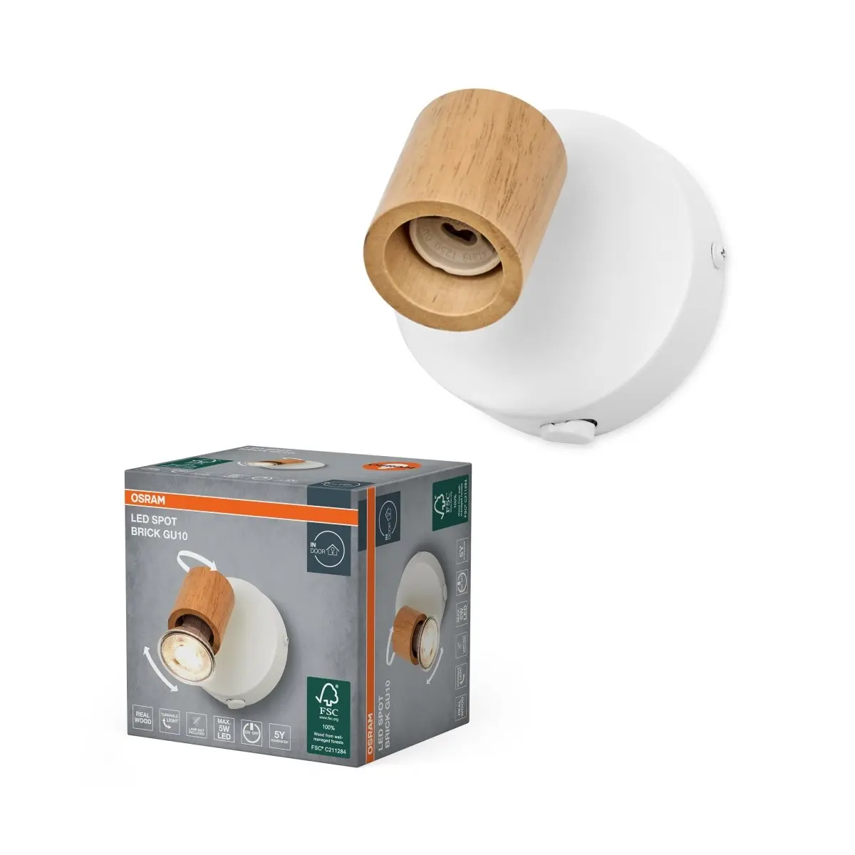 Bílé nástěnné svítidlo Brick s dřevěným dekorem