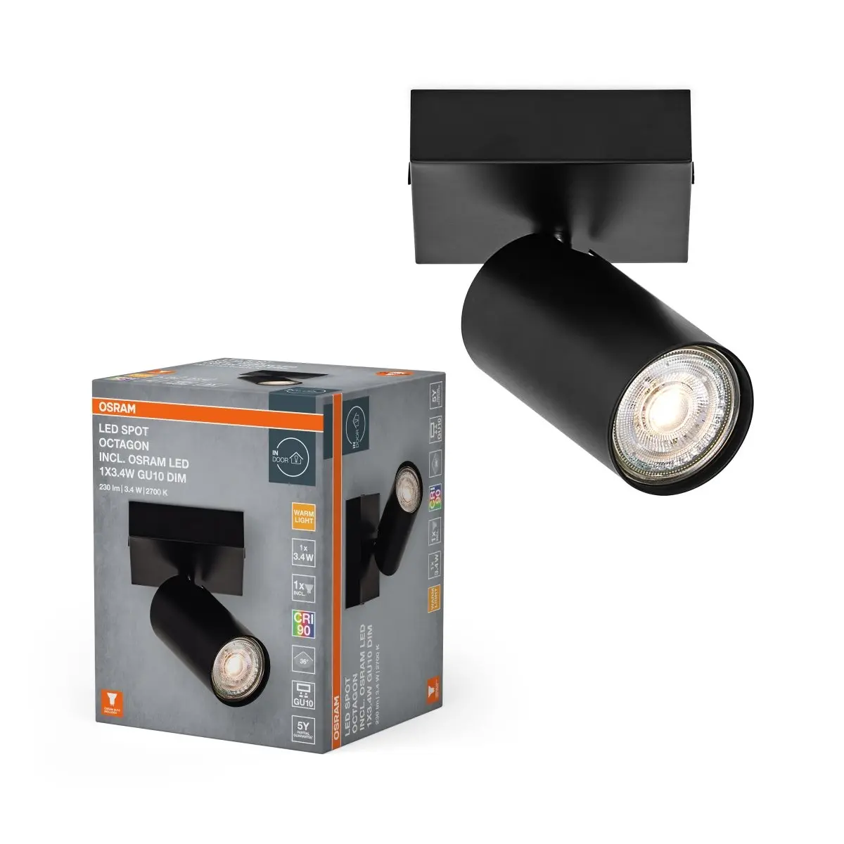 Černé LED nástěnné svítidlo 3,4 WU10 OCTAGON, teplá bílá OSRAM
