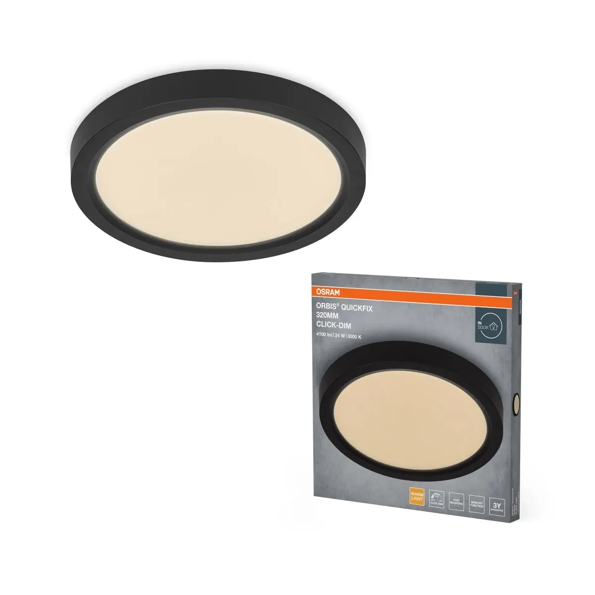 Černý LED Panel ORBIS 320mm 24W Click Stmívatelný, Teplá Bílá