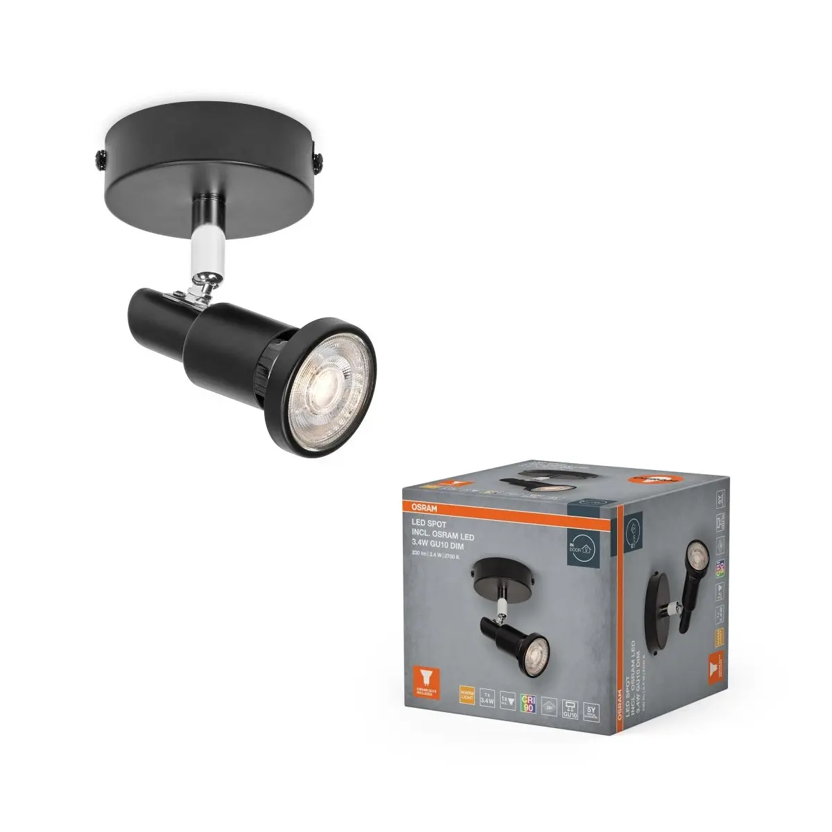 Černé stropní svítidlo LED Spot 80 mm 36°, teplá bílá