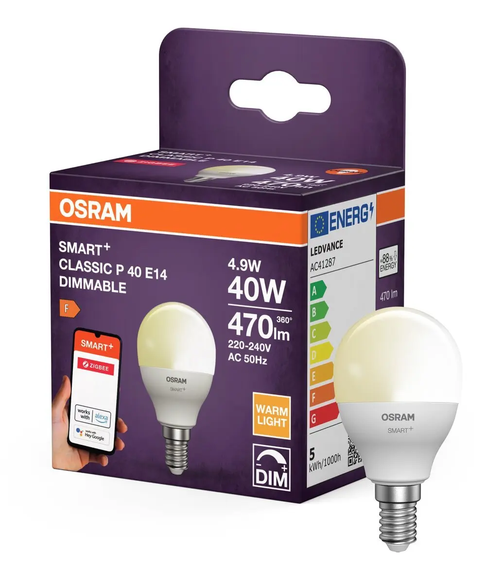 Chytrá LED zigbee stmívatelná žárovka E14 4,9 W CLASSIC P, teplá bílá OSRAM