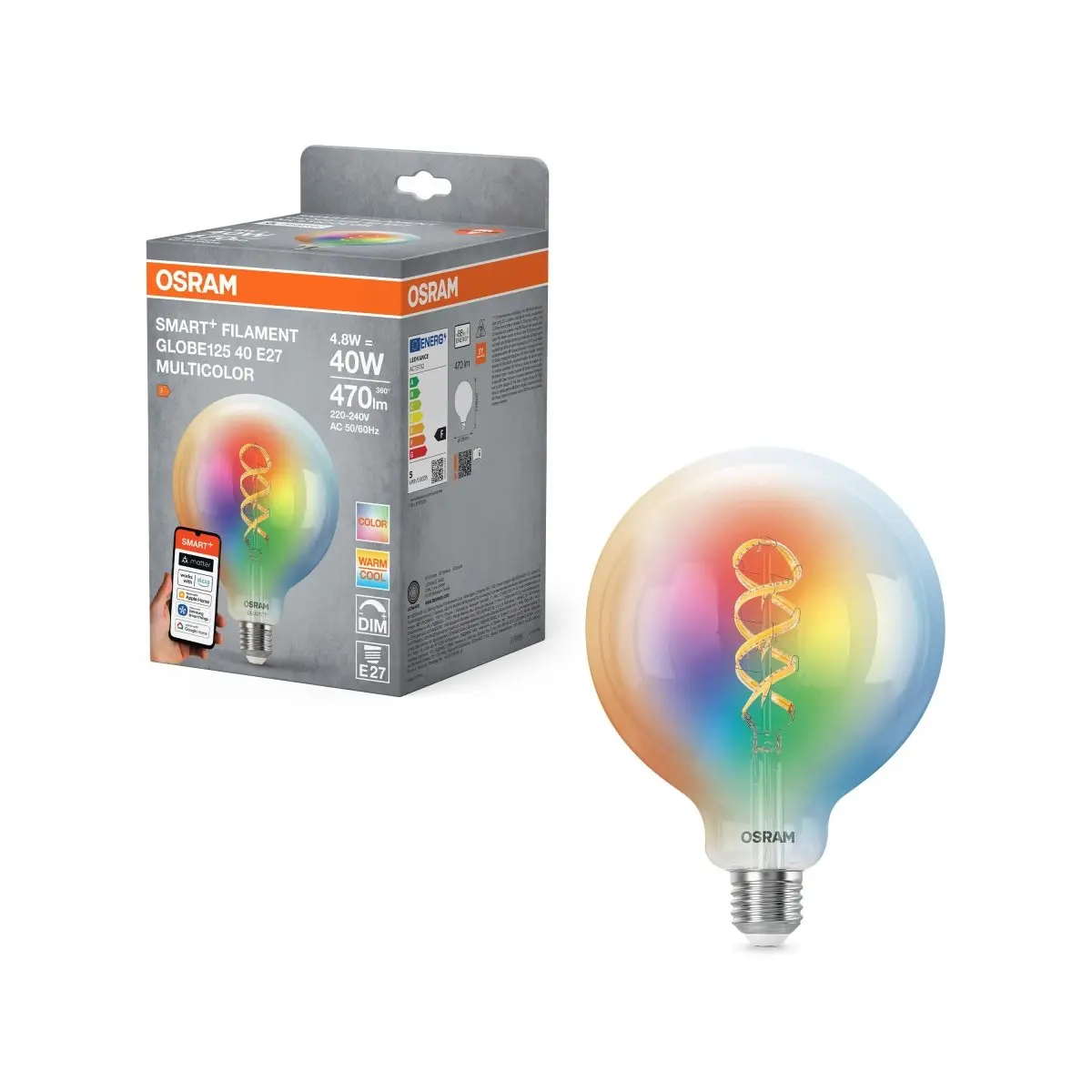 Chytrá Matter RGBTW žárovka E27 4.8 W FILAMENTLOBE125 OSRAM