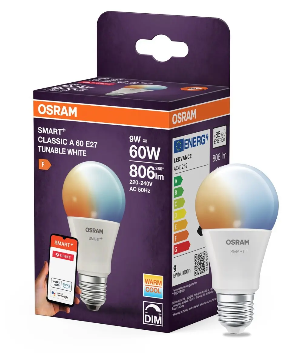 Chytrá zigbee LED stmívatelná žárovka E27 9 W CLASSIC A, laditelná bílá OSRAM