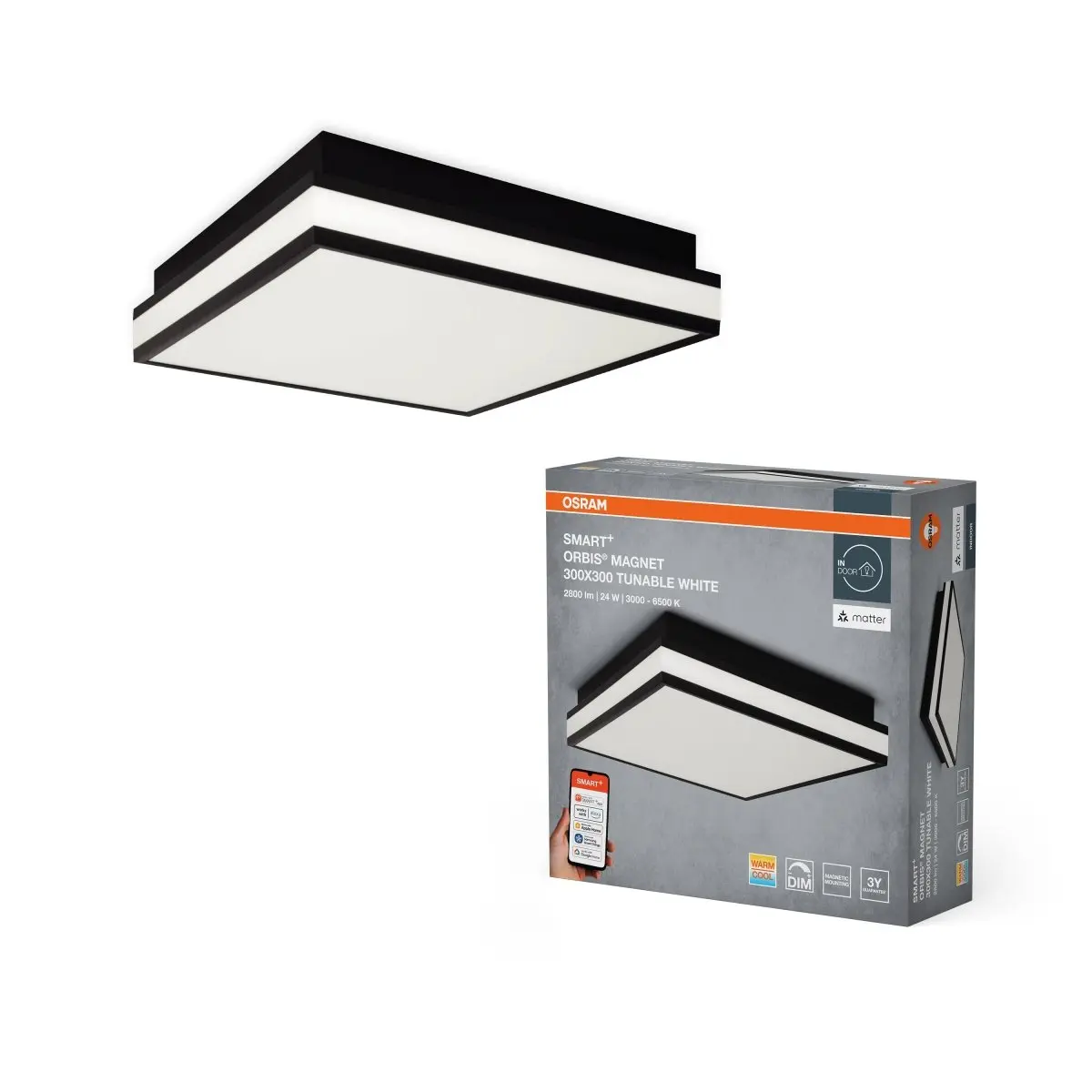 Chytré Stropní svítidlo s magnetickým závěrem 300x300mm Laditelná Bílá