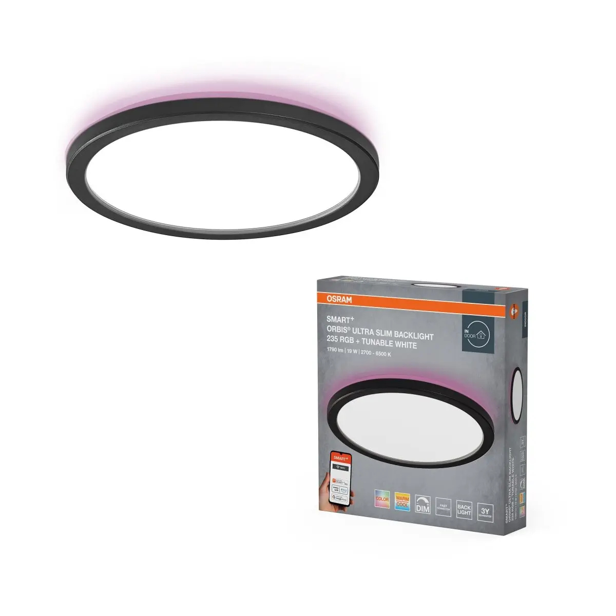 Chytré ultra, Tenké stropní svítidlo Orbis Backlight ČERNÉ 235mm RGB+Laditelná Bílá