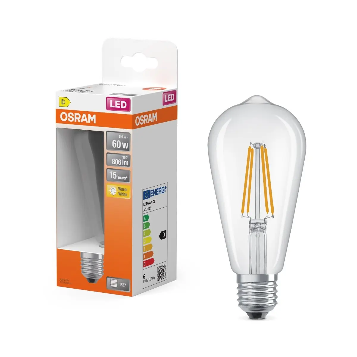 Dekorativní LED průhledná žárovka E27 6,5 W CLASSIC ST, teplá bílá OSRAM