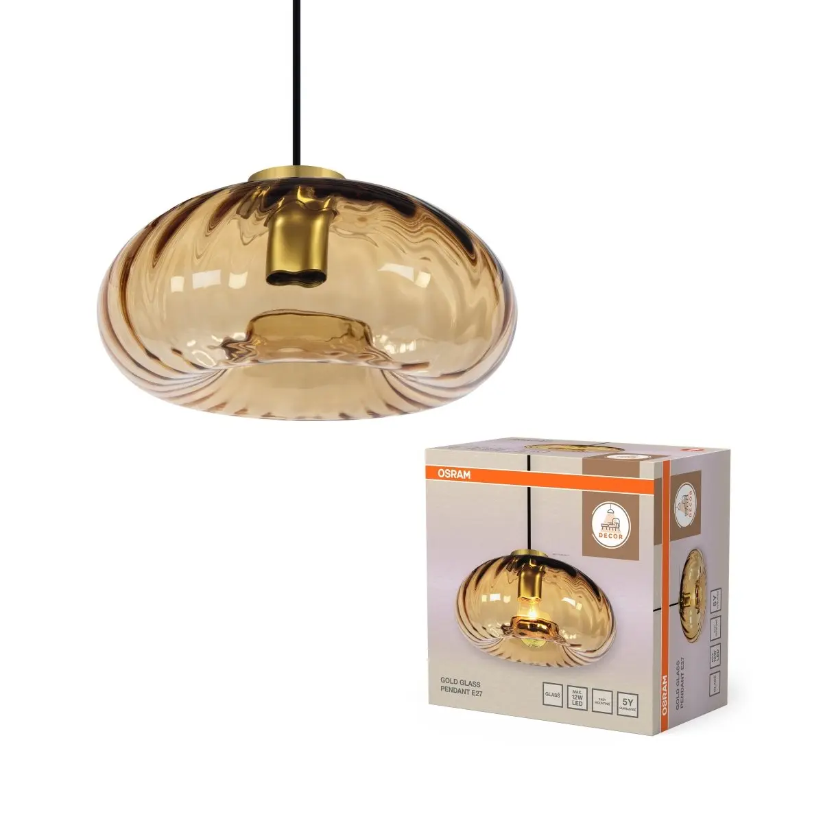 Dekorativní závěsné svítidlo Gold Glass E27, zlatý kov s jantarovým sklem