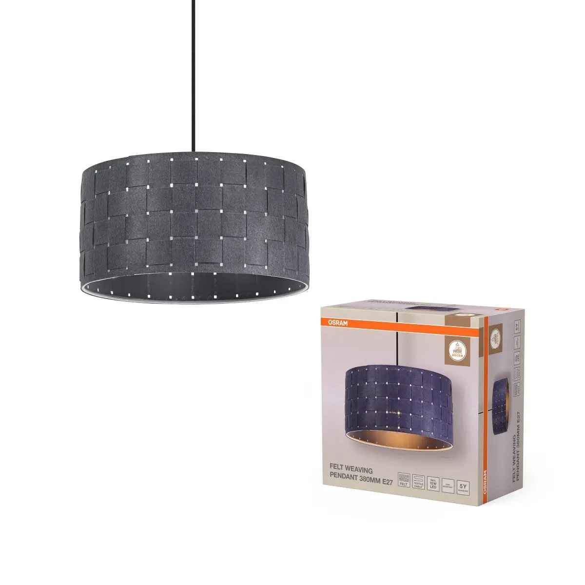 Dekorativní závěsné svítidlo z plsti s tkaným designem, Ø380 mm, E27, tmavě šedé