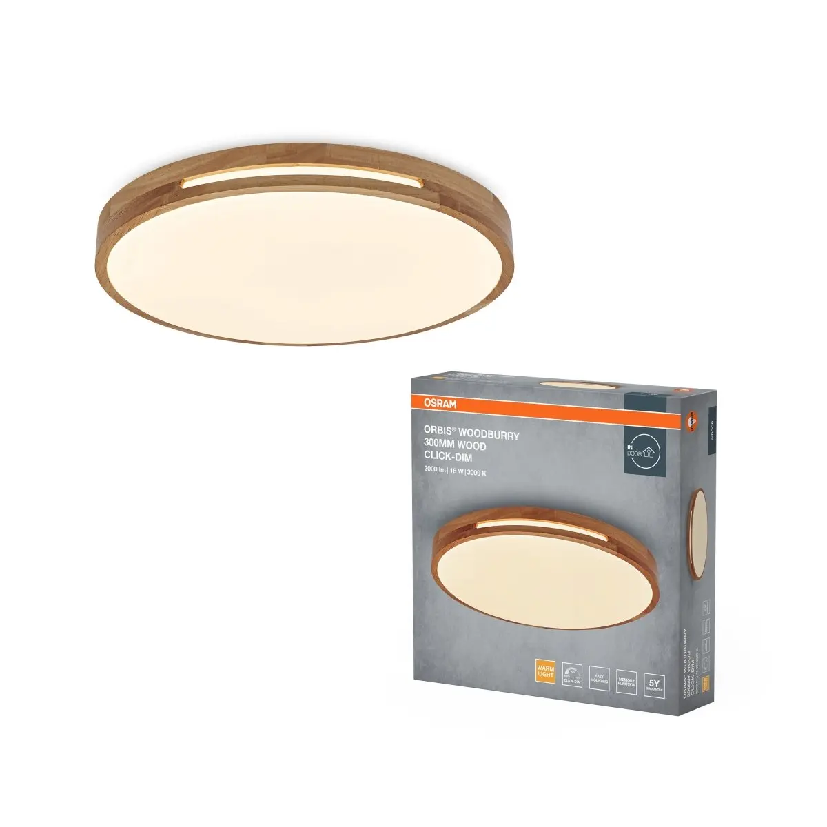 Dřevěné LED stropní svítidlo 300 mm ORBIS, teplá bílá OSRAM