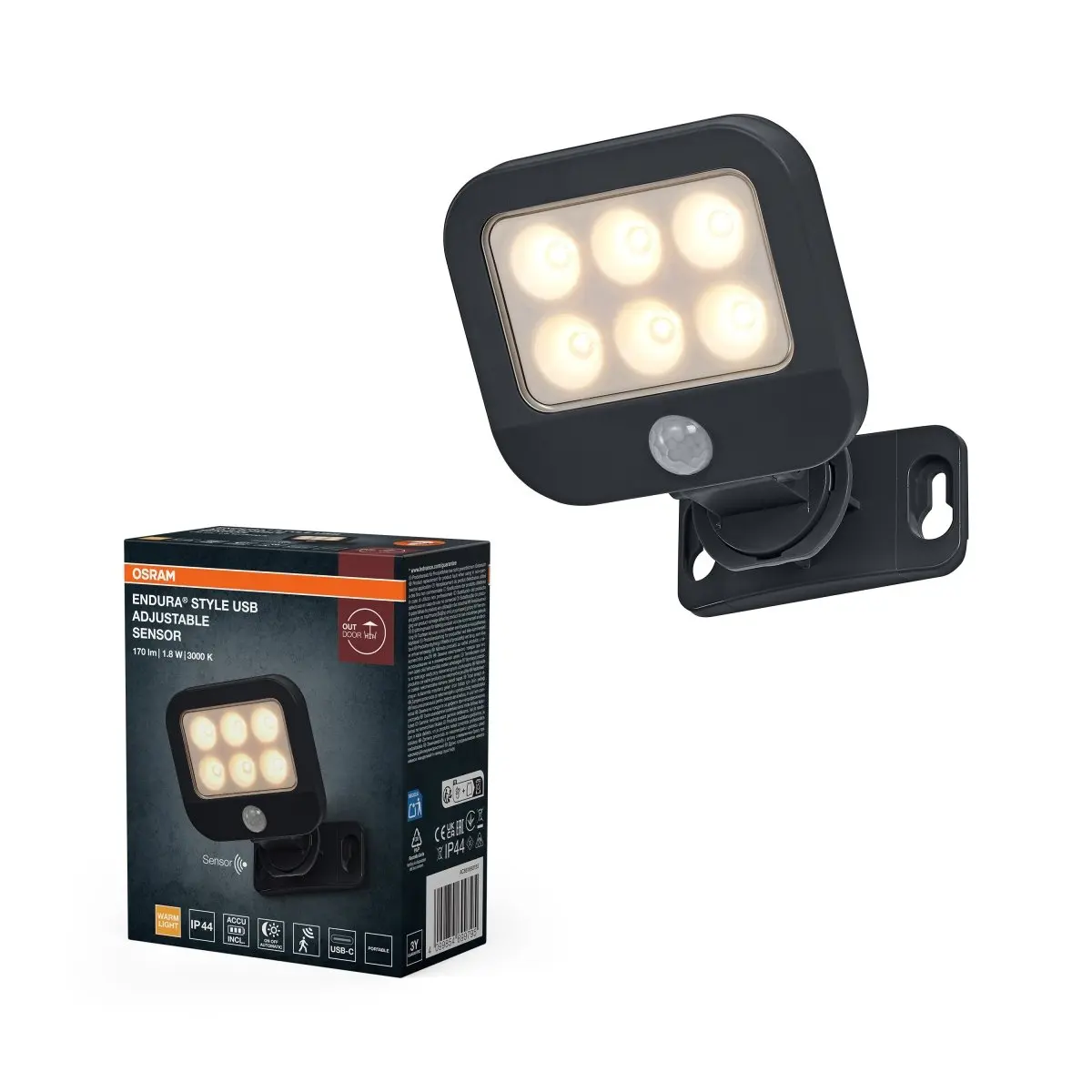 ENDURA® Style USB nastavitelný nahoru/dolů, šedá, teplá bílá, 90 °