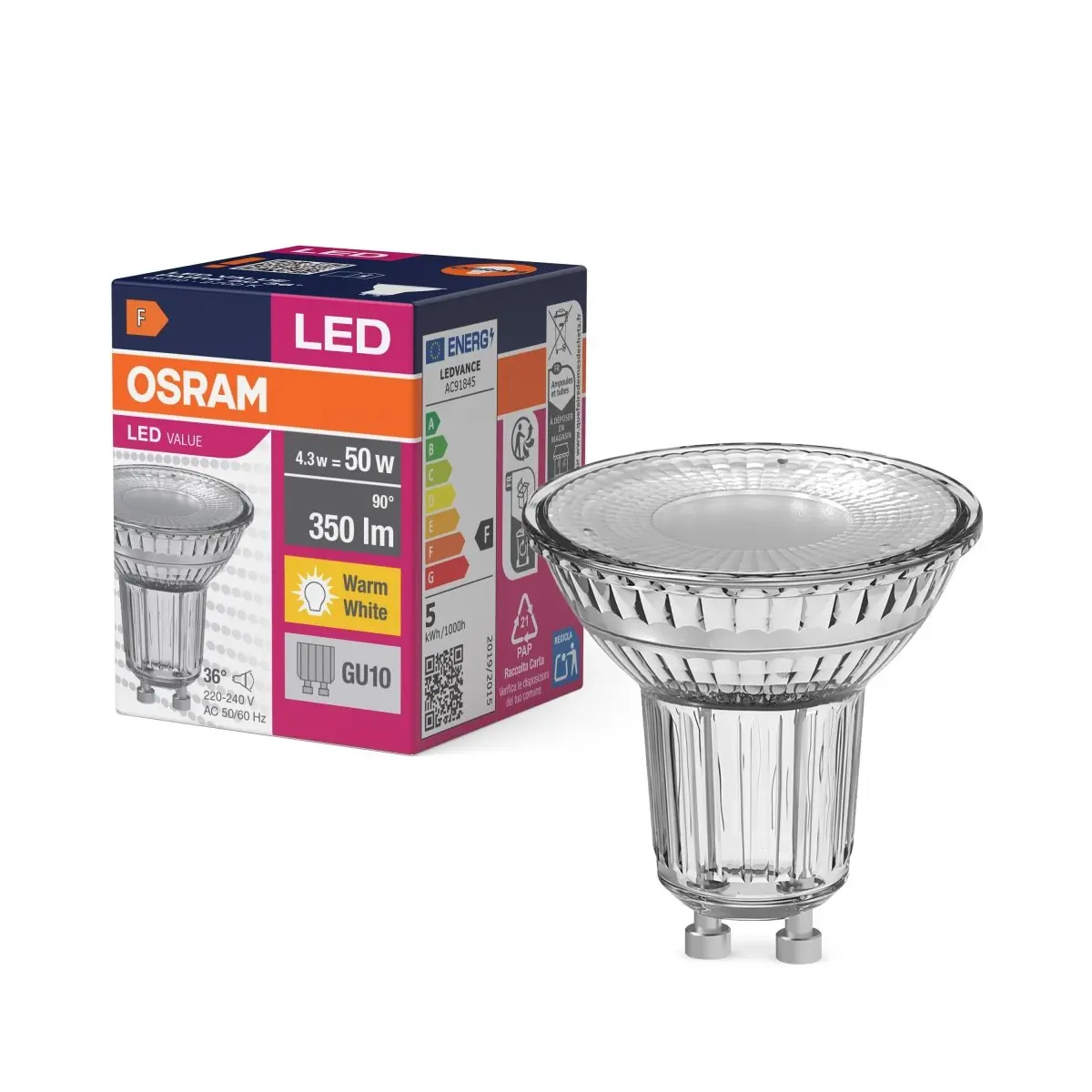 LED bodovka GU10 4,3 W PAR16, teplá bílá, náhrada 50 W