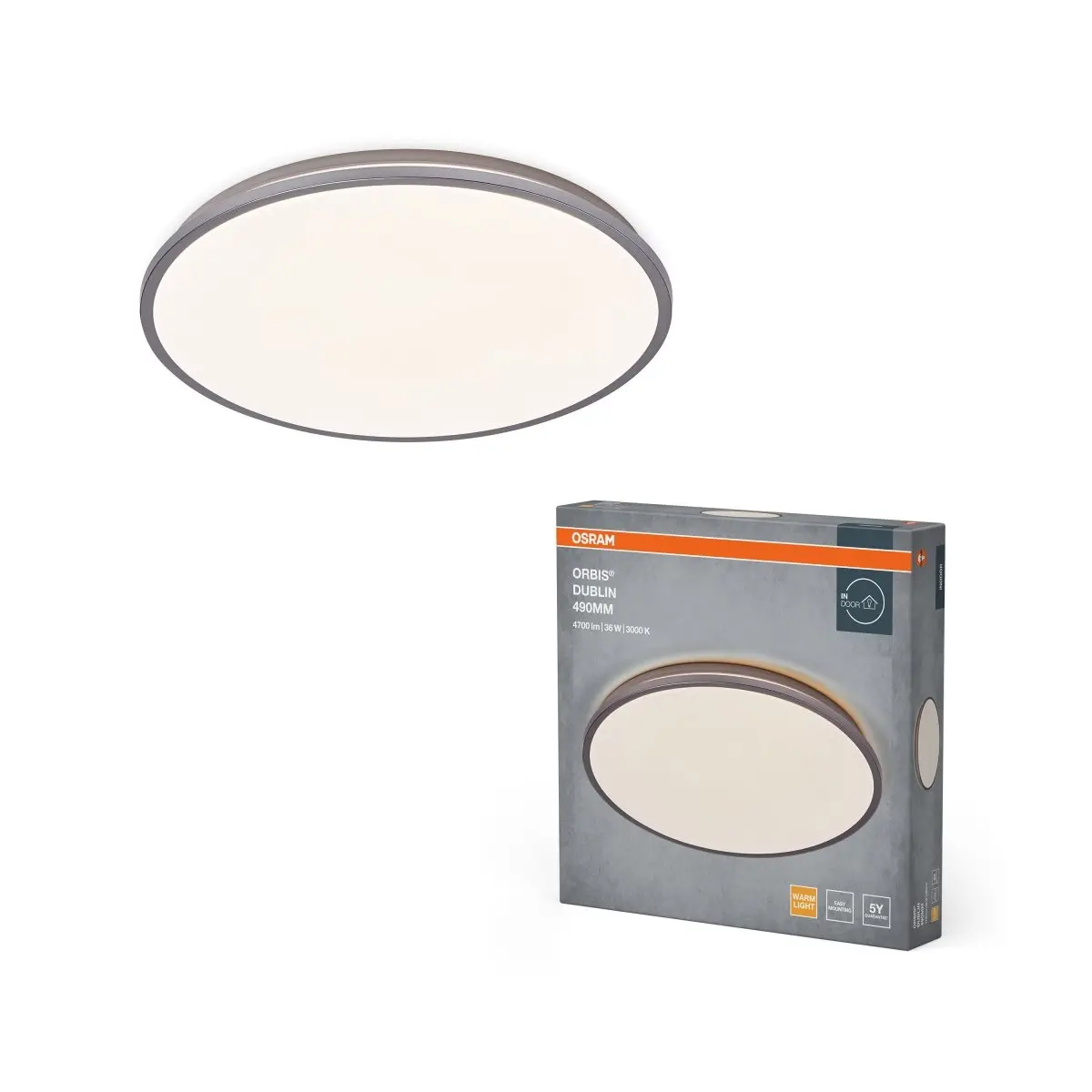 LED stropní svítidlo stříbrné 36 W DUBLIN 490 mm, teplá bílá OSRAM