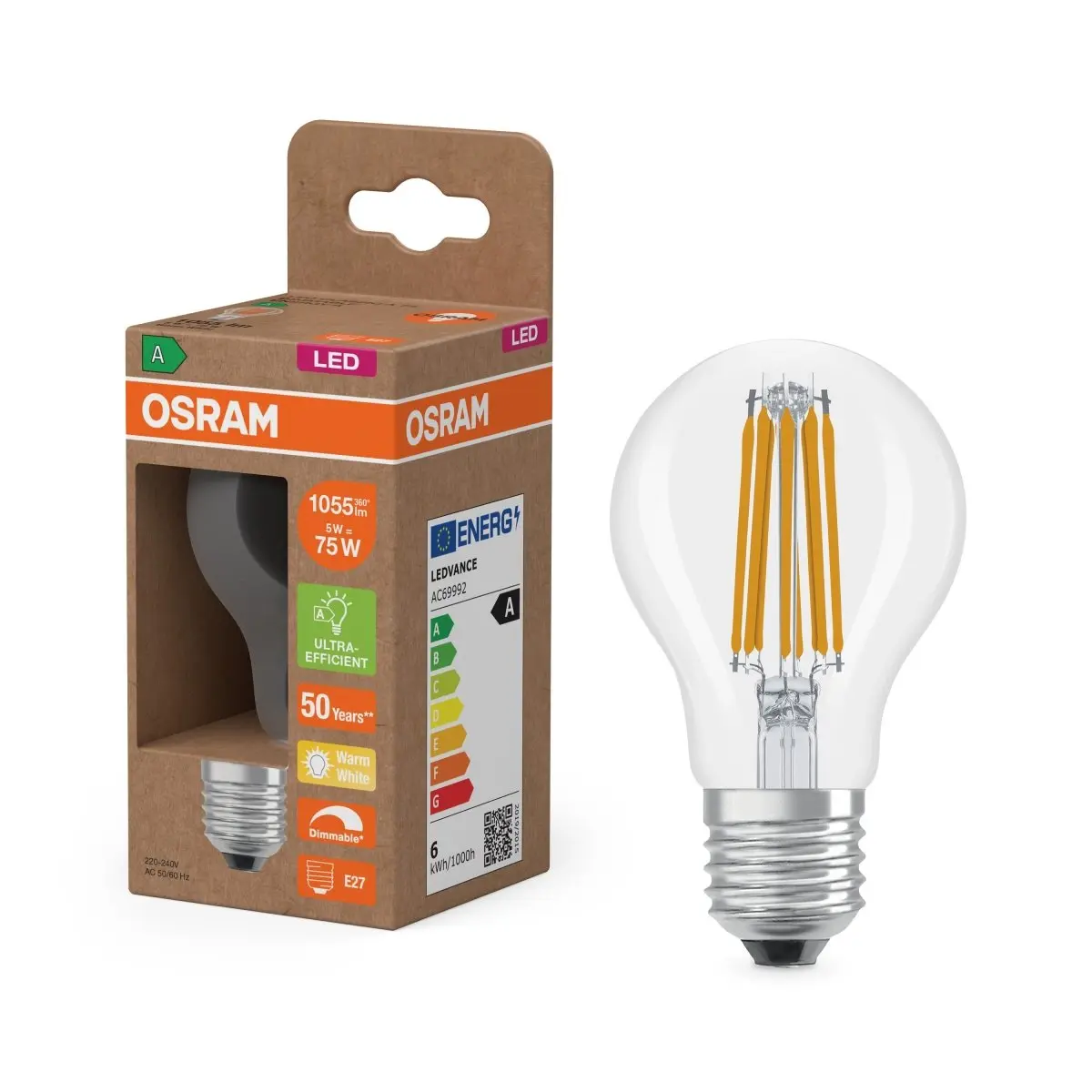 LED žárovka Classic A 75 Filament DIM, Třída A, 5W, Teplá bílá, Čirá, E27