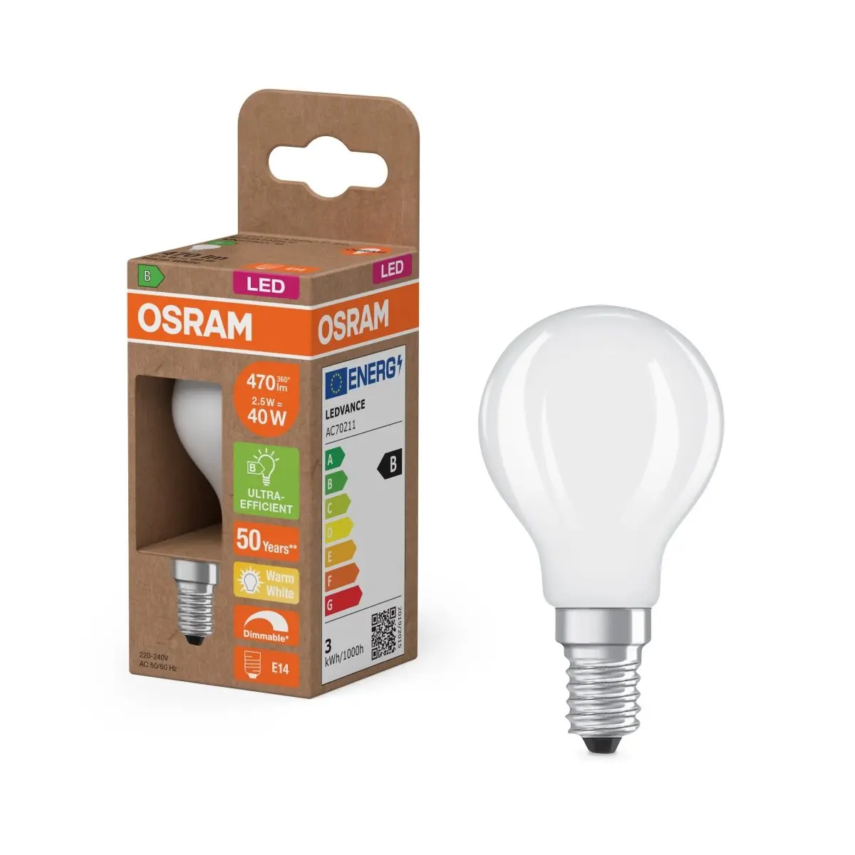 LED žárovka Classic P 40 DIM, Třída B, 2.5W, Teplá bílá, Matná, E14